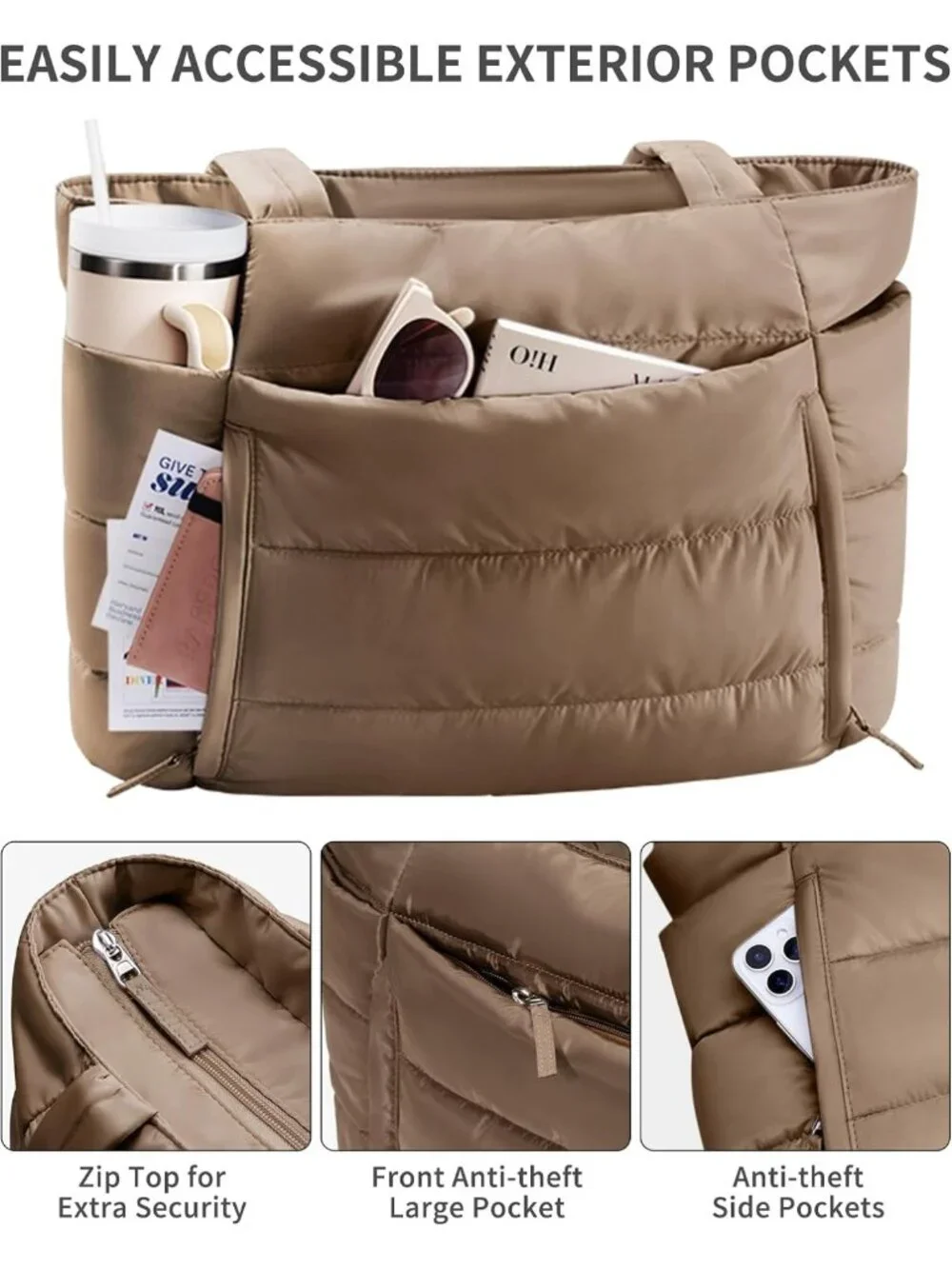 Lightweight Puffer Tote Bag for Women | Stylish Travel & Gym Work Bag